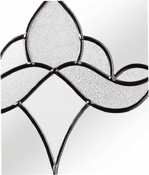 Green fusion-style decorative glass tile within leaded door glazing