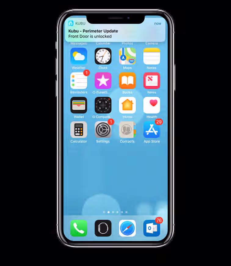 Mobile app reminder about an unlocked door while leaving the property