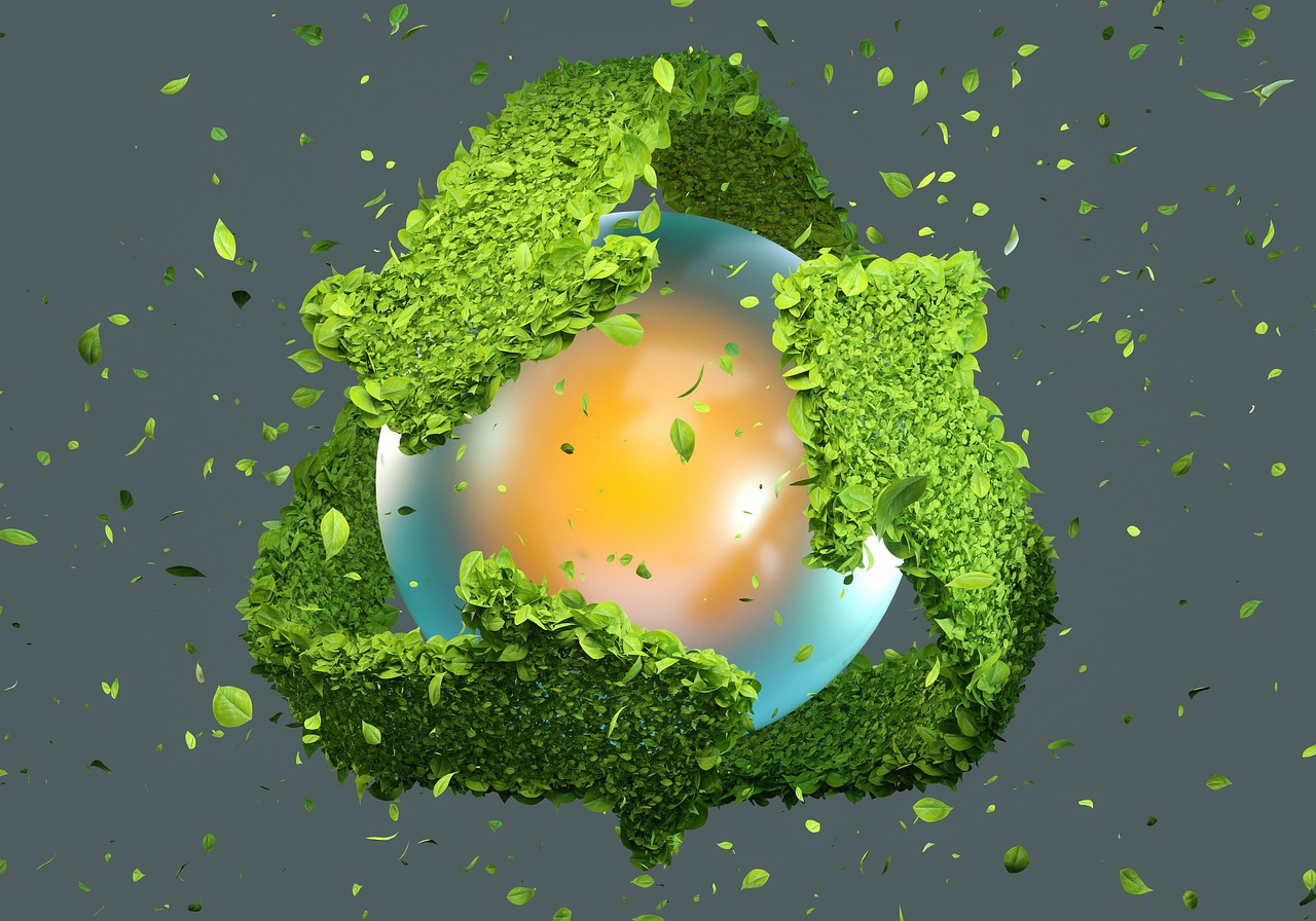 green recycling logo surrounding a sphere